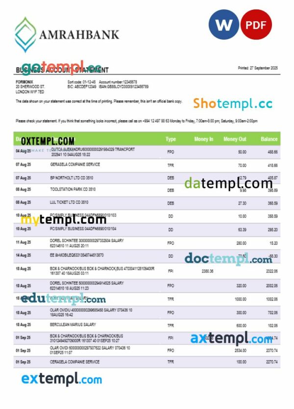 Amrahbank account business statement Word and PDF format