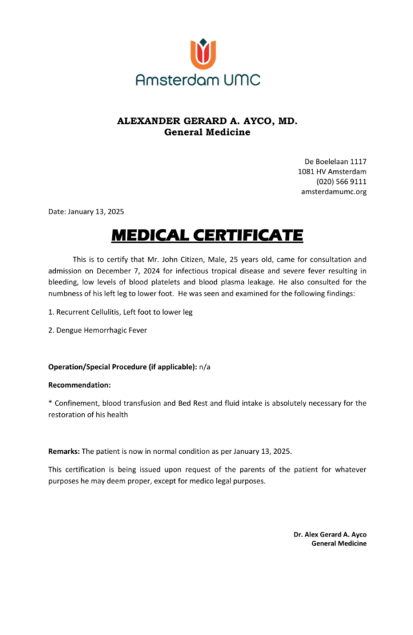 Amsterdam UMC medical certificate template in Word and PDF formats