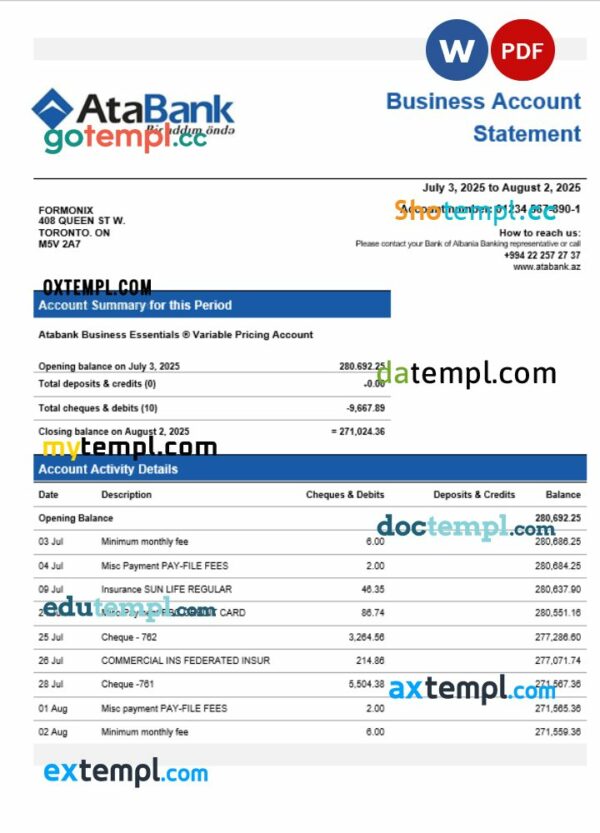 Atabank business organization checking  statement Word and PDF format