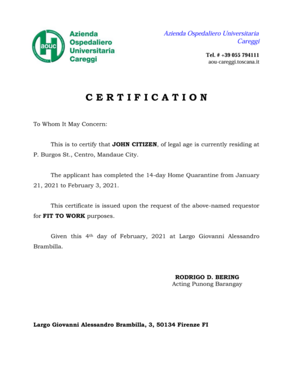 Azienda Ospedaliero Universitaria Careggi medical certificate template in Word and PDF formats