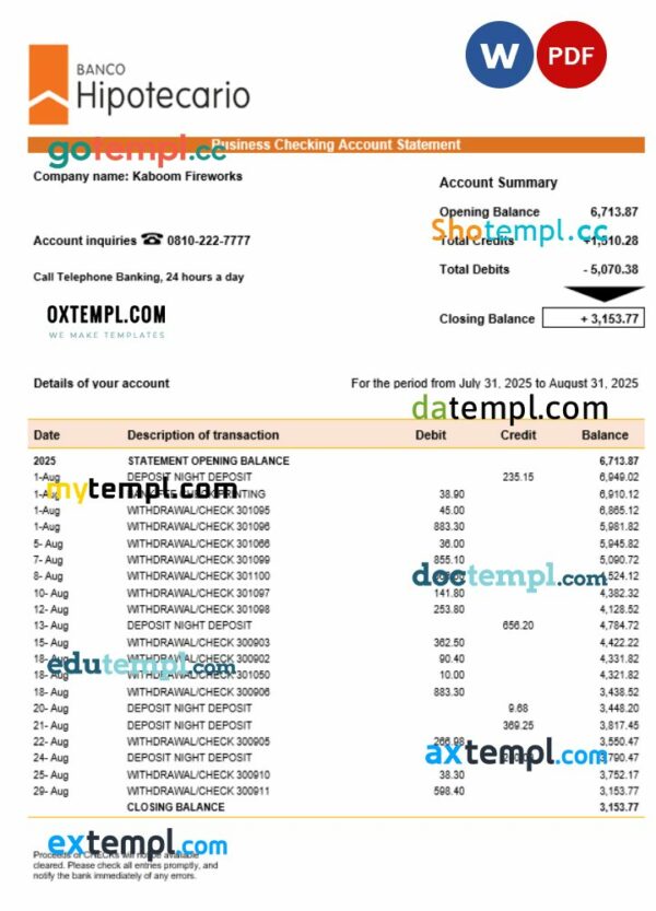 Banco Hipotecario company statement Word and PDF format