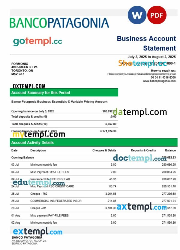 Banco Patagonia business bank statement Word and PDF format