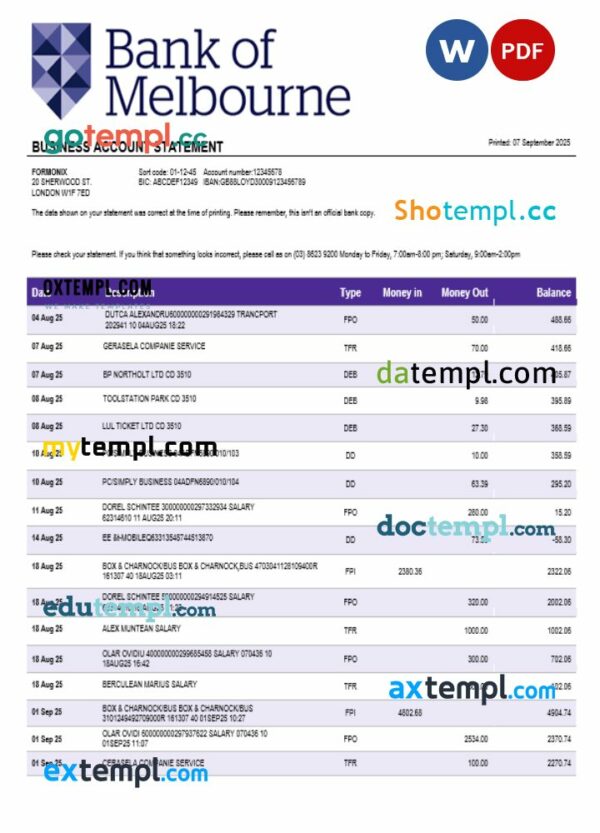 Bank of Melbourne organization checking account statement Word and PDF format