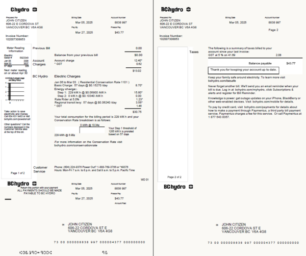 Canada BC Hydro utility bill template in Word and PDF formtas, 2 pages