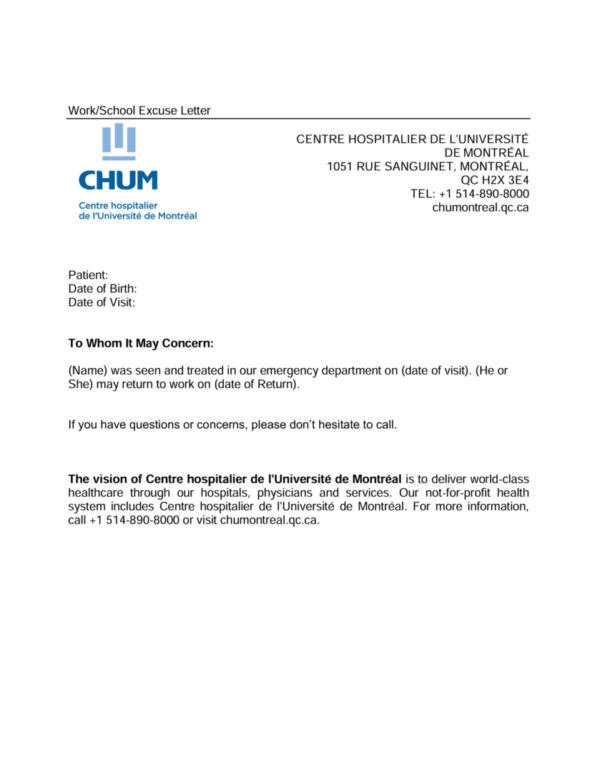 Centre hospitalier de l'Université de Montréal excuse letter template in Word and PDF formats