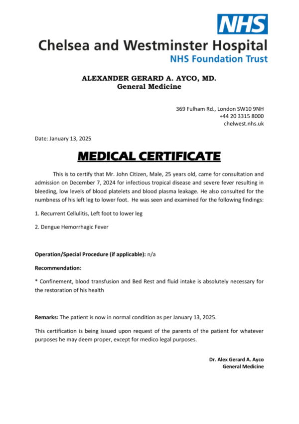 Chelsea and Westminster Hospital medical certificate template in Word and PDF formats