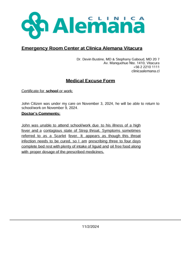 Clínica Alemana Vitacura medical excuse template in Word and PDF formats