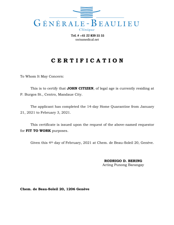 Clinique Générale Beaulieu medical certificate template in Word and PDF formats