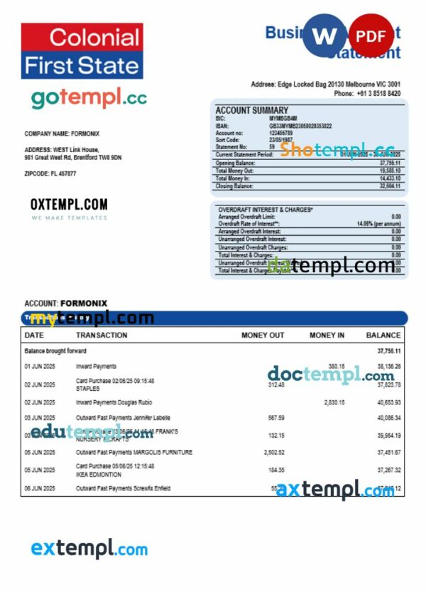 Colonial First State company checking account statement Word and PDF format