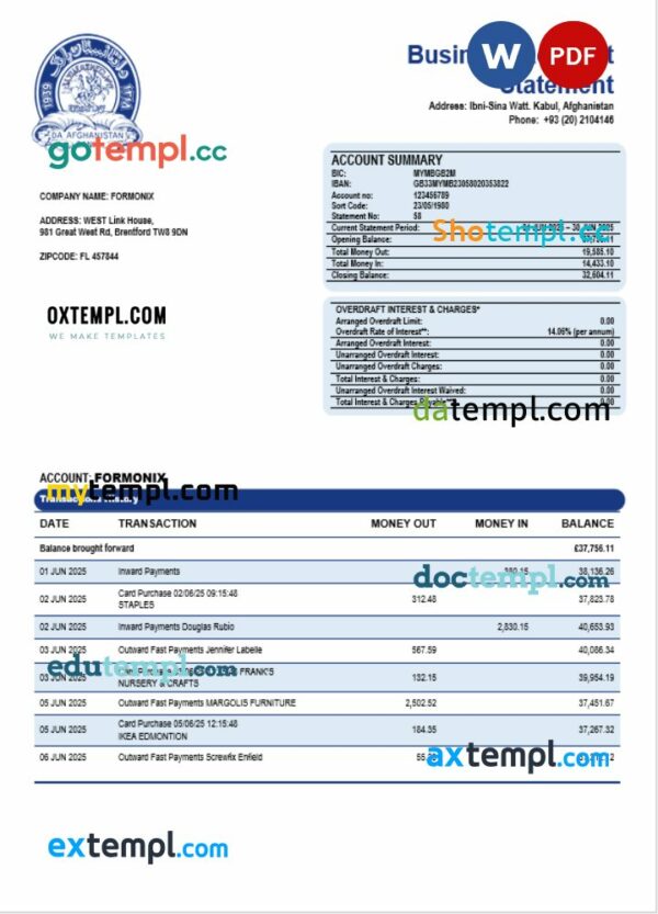 Da Afghan Bank (DAB) firm account statement Word and PDF template