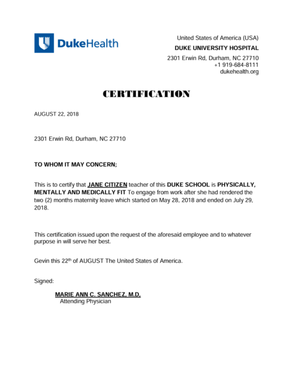 Duke University Hospital certification template in Word and PDF formats