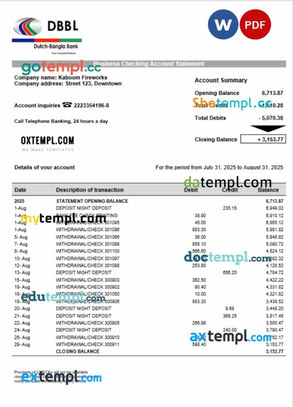 Dutch-Bangla corporate checking account statement Word and PDF template