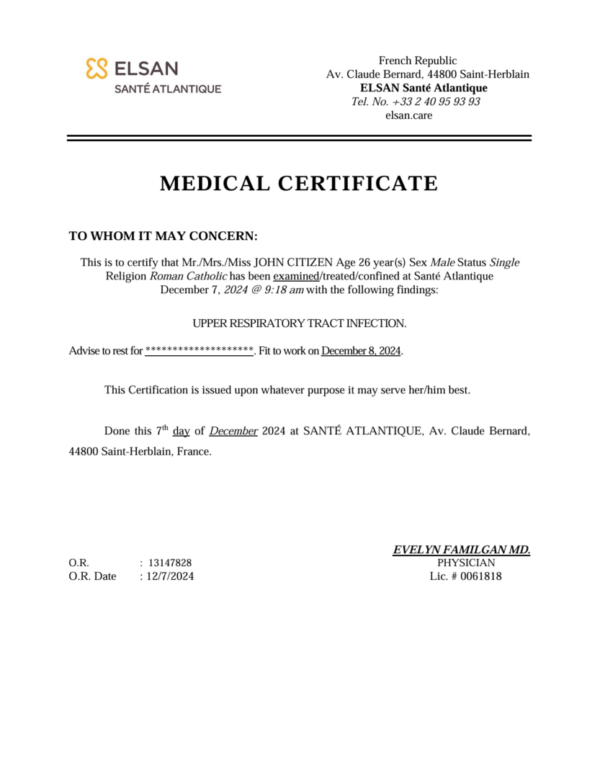 ELSAN Santé Atlantique medical certificate template in Word and PDF formats