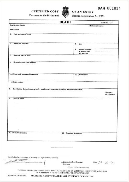England General Register of London death certificate template in PSD format