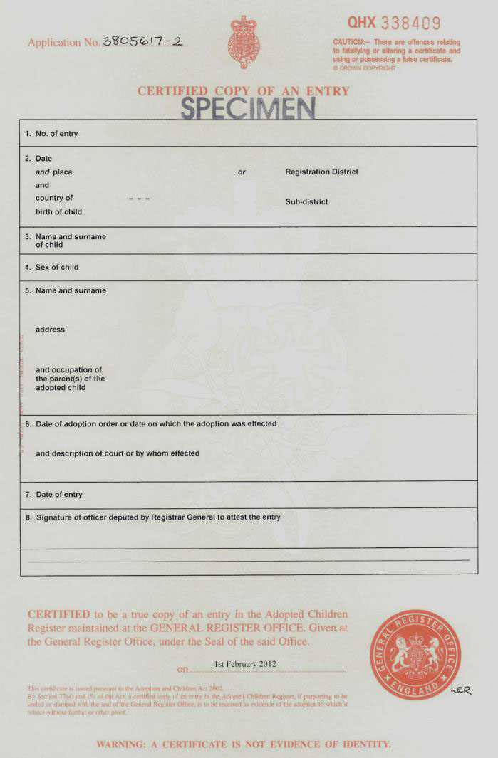 England General register office adoption certificate template in PSD format