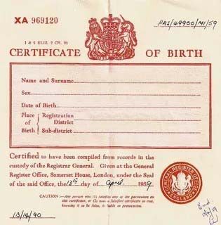 England Register Office birth certificate template in PSD format