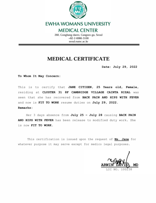 Ewha Womans University Medical Center medical certificate template in Word and PDF formats