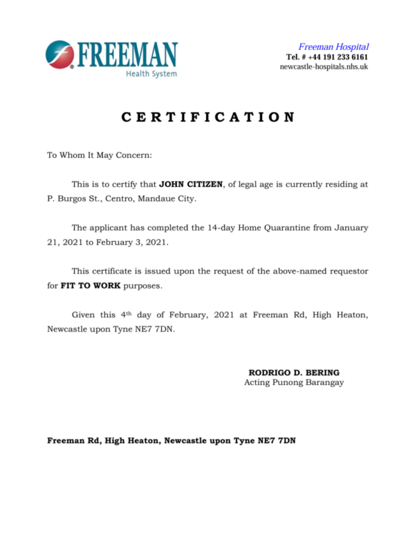 Freeman Hospital medical certificate template in Word and PDF formats