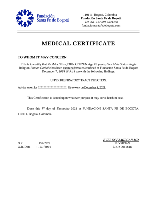 Fundación Santa Fe de Bogotá medical certificate template in Word and PDF formats