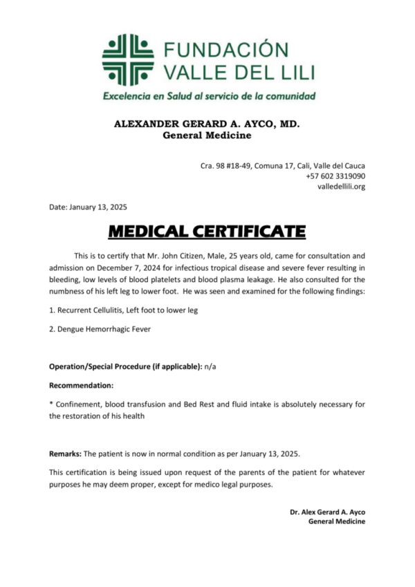 Fundación Valle del Lili medical certificate template in Word and PDF formats