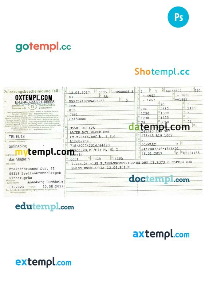 Germany Vehicle Registration Certificate In PSD Format Version 2 Mytempl