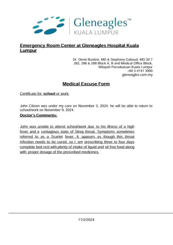 Gleneagles Hospital Kuala Lumpur medical excuse template in Word and PDF formats