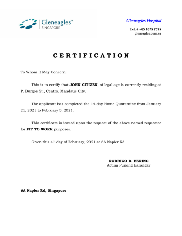 Gleneagles Hospital medical certificate template in Word and PDF formats