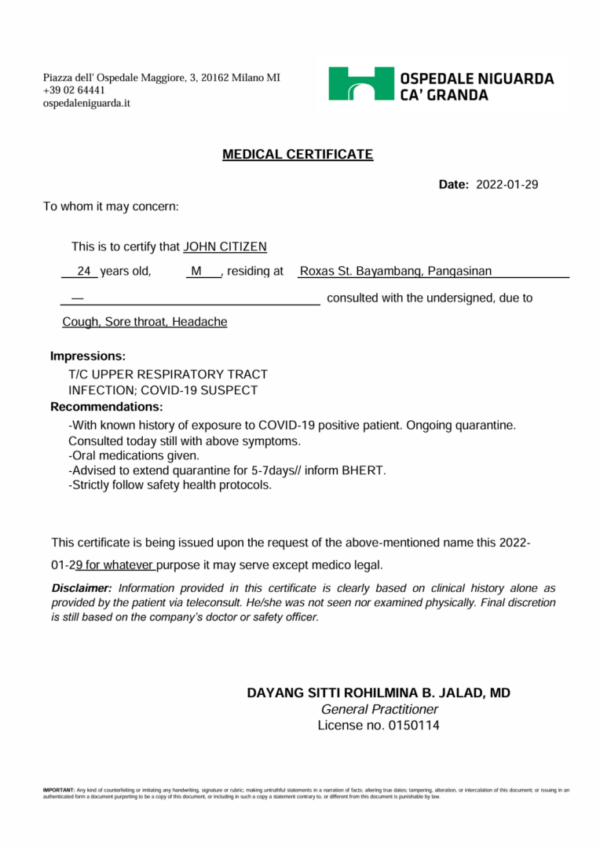 Grande Ospedale Metropolitano Niguarda medical certificate template in Word and PDF formats