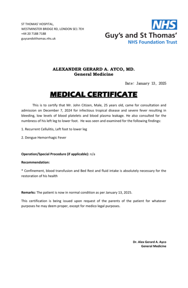 Guy's Hospital medical certificate template in Word and PDF formats