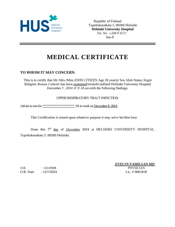 Helsinki University Hospital medical certificate template in Word and PDF formats