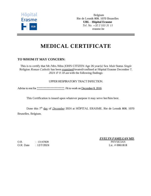 Hôpital Erasme medical certificate template in Word and PDF formats