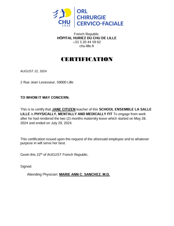 Hôpital Huriez du CHU de Lille certification template in Word and PDF formats