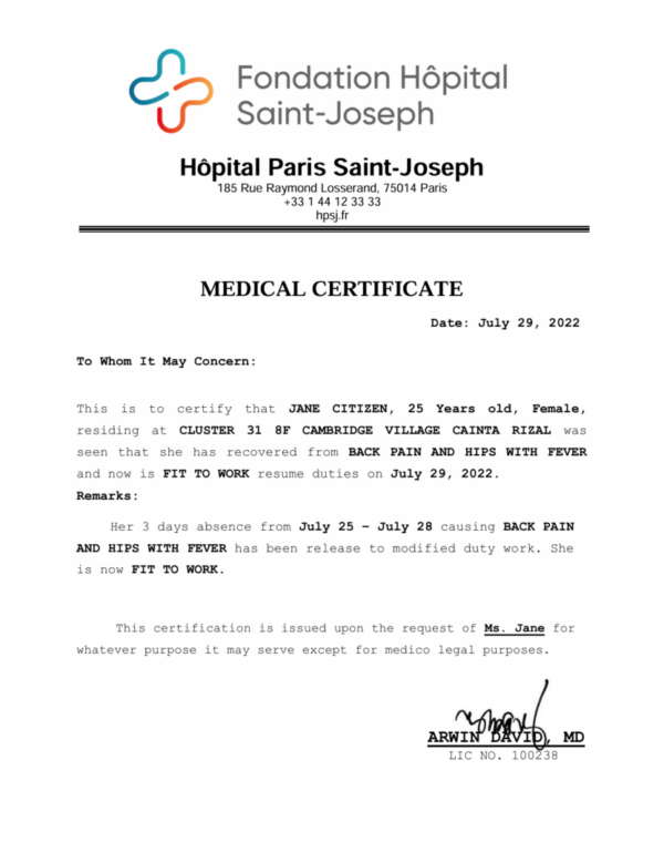 Hôpital Paris Saint-Joseph medical certificate template in Word and PDF formats