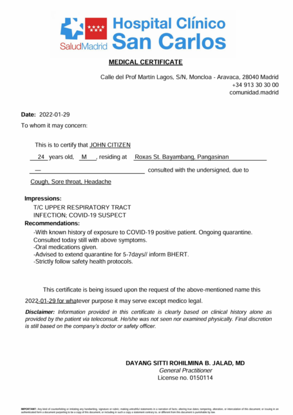 Hospital Clínico San Carlos medical certificate template in Word and PDF formats