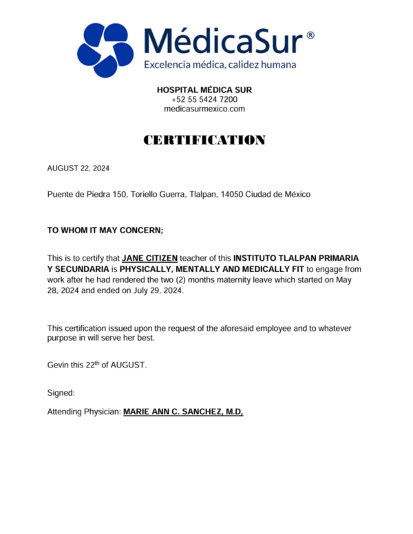 Hospital Médica Sur certification template in Word and PDF formats