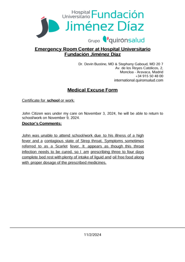 Hospital Universitario Fundación Jiménez Díaz medical excuse template in Word and PDF formats