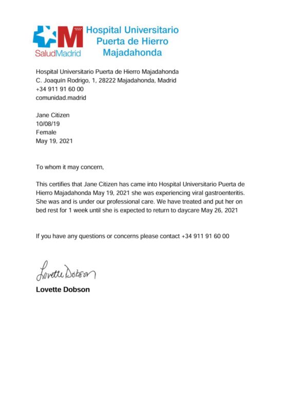 Hospital Universitario Puerta de Hierro Majadahonda doctor note template in Word and PDF formats