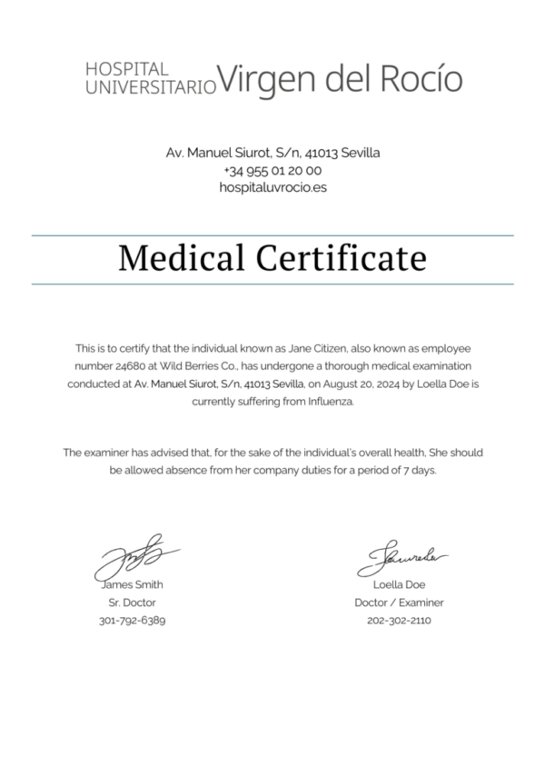 Hospital Universitario Virgen del Rocio medical certificate template in Word and PDF formats