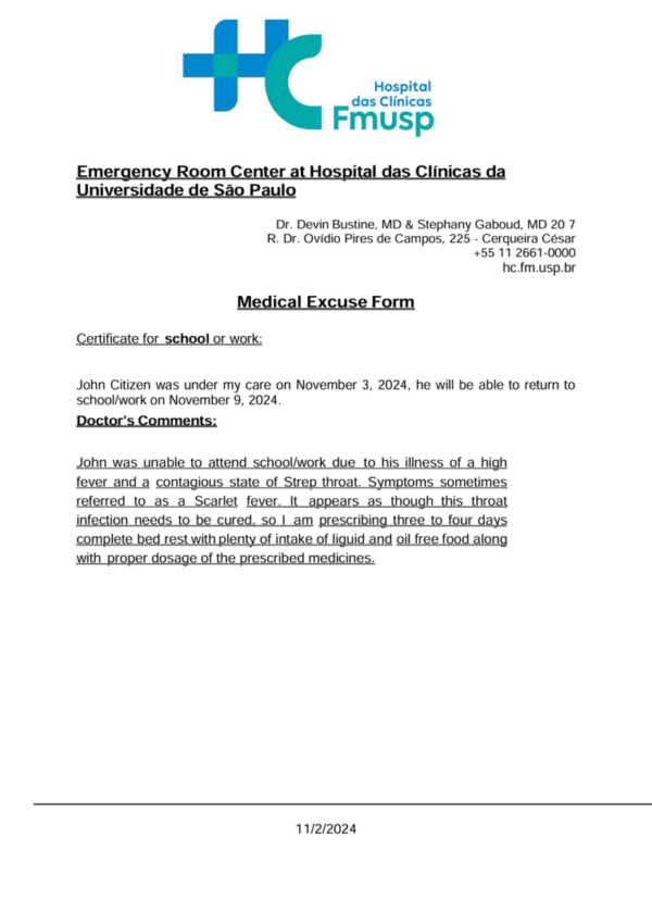 Hospital das Clínicas da Universidade de São Paulo medical excuse template in Word and PDF formats