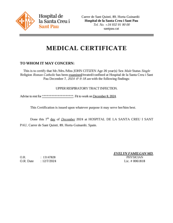 Hospital de la Santa Creu i Sant Pau medical certificate template in Word and PDF formats