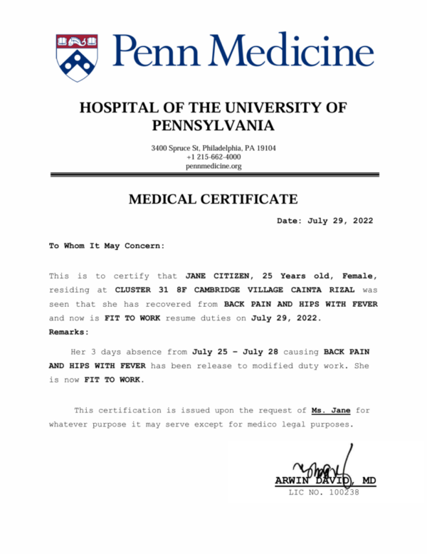 Hospital of the University of Pennsylvania medical certificate template in Word and PDF formats