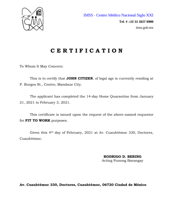 IMSS - Centro Médico Nacional Siglo XXI medical certificate template in Word and PDF formats