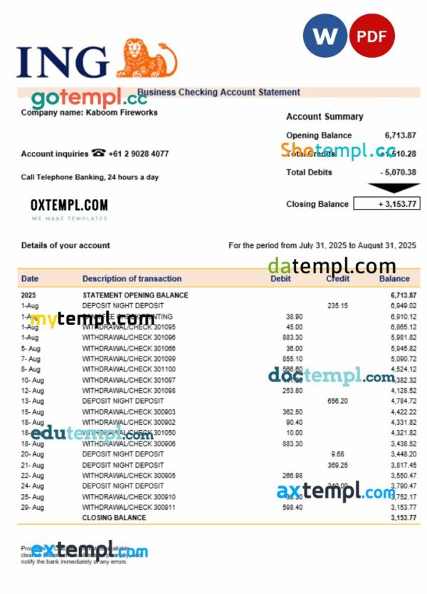 ING Direct business bank statement Word and PDF format