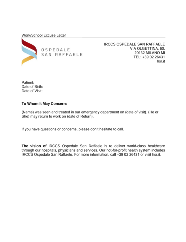 IRCCS Ospedale San Raffaele excuse letter template in Word and PDF formats