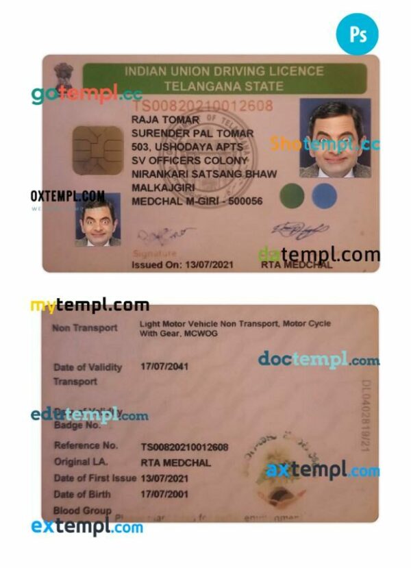 India Telangana state driving license PSD editable template