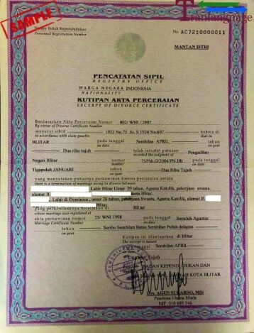 Indonesia Register of Blitar divorce certificate template in PSD format