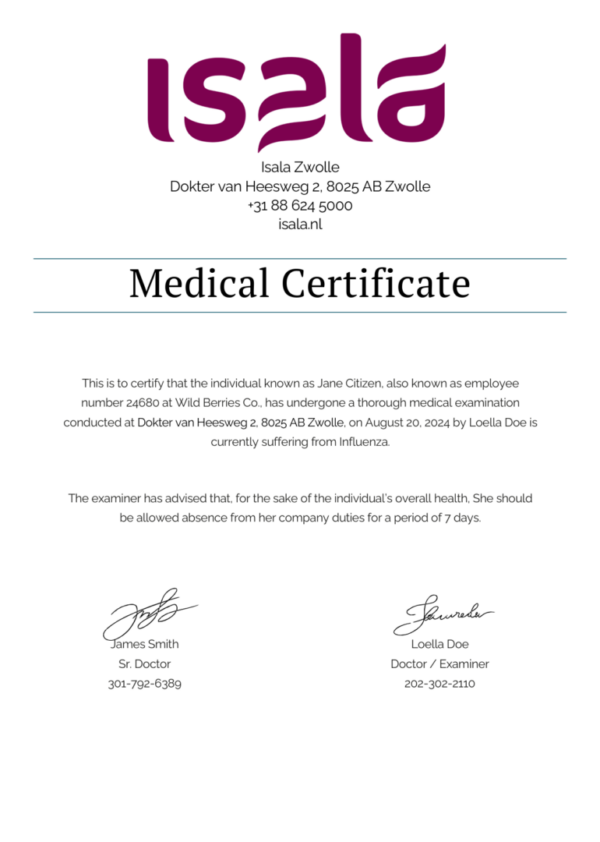 Isala Zwolle medical certificate template in Word and PDF formats