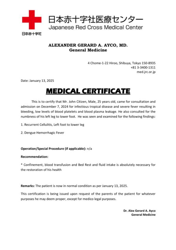 Japanese Red Cross Medical Center medical certificate template in Word and PDF formats