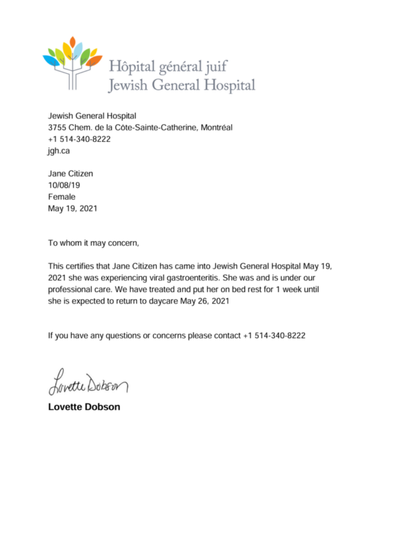 Jewish General Hospital doctor note template in Word and PDF formats