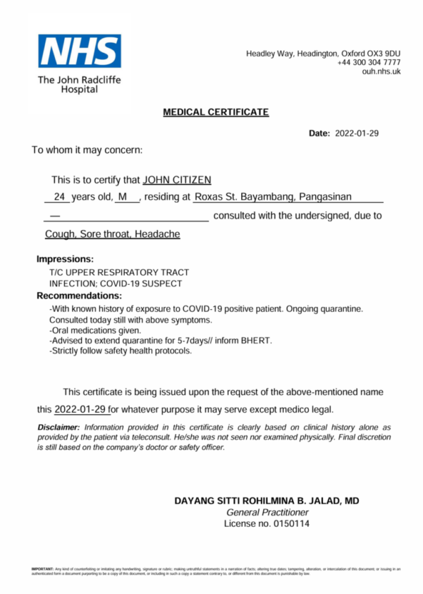 John Radcliffe Hospital medical certificate template in Word and PDF formats